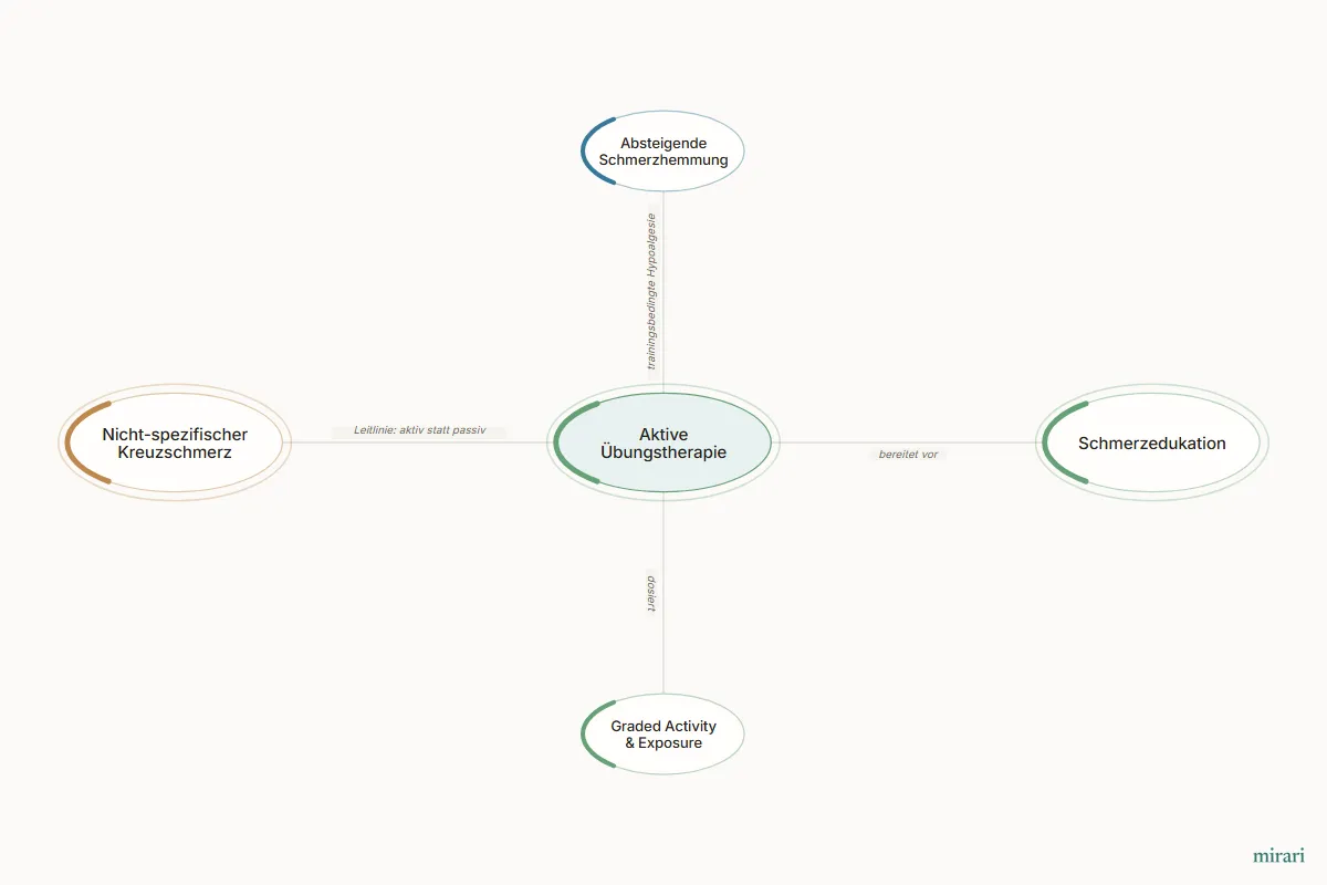 Ausschnitt aus der Starter-Map Chronischer Schmerz – vom Gewebe zum System: Aktive Übungstherapie und die direkt verbundenen Knoten