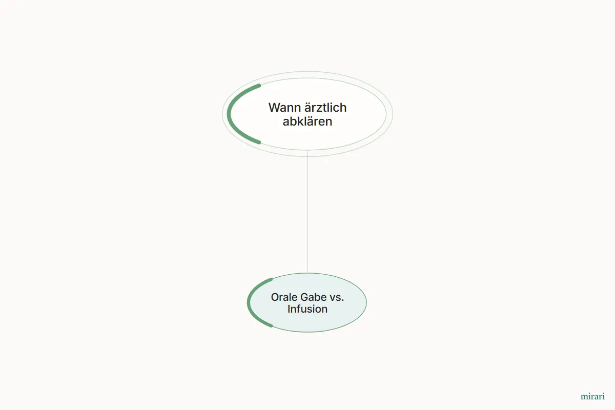 Ausschnitt aus der Starter-Map Eisenmangel und Erschöpfung: Orale Gabe vs. Infusion und die direkt verbundenen Knoten