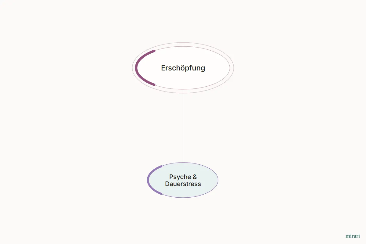 Ausschnitt aus der Starter-Map Eisenmangel und Erschöpfung: Psyche & Dauerstress und die direkt verbundenen Knoten