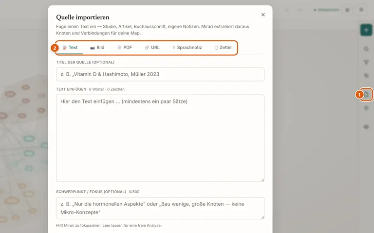 Der Dialog „Quelle importieren“ über der Map, rechts die Werkzeugleiste