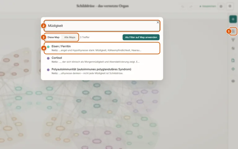 Die geöffnete Suche mit dem Wort „Müdigkeit“ und drei Treffern