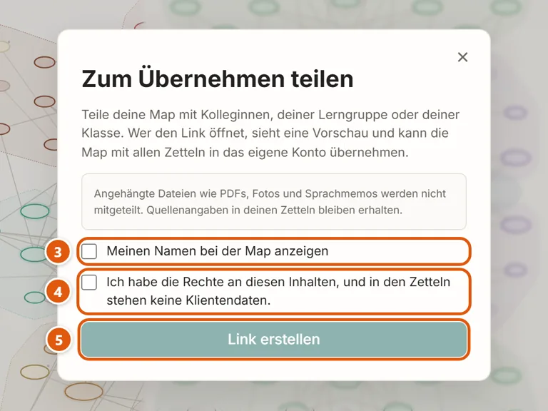 Das Fenster „Zum Übernehmen teilen“ mit zwei Haken und dem Knopf „Link erstellen“