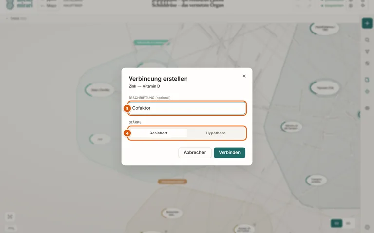 Der Dialog „Verbindung erstellen“ mit dem Feld für die Beschriftung und der Wahl zwischen Gesichert und Hypothese