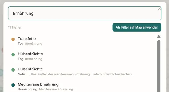 Die Suche in Mirari: Im Feld steht „Ernährung“, darunter die Treffer aus der Wissensbasis – Tyrosin, Zöliakie, Darm & Mikrobiom, jeweils mit der Stelle aus den Notizen, an der das Wort vorkommt.